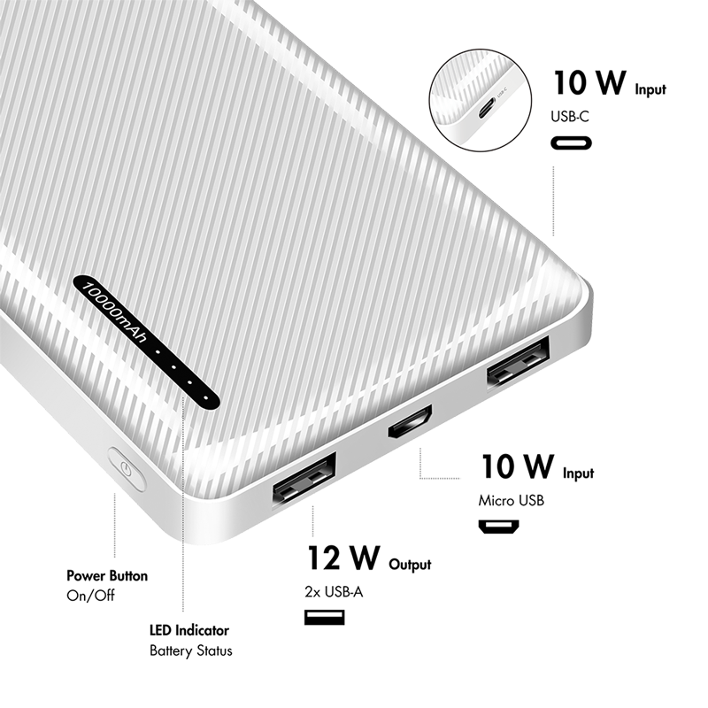 Powerbank m. LED indikator - 10,000mAh, LiPo, 2xUSB-A, Hvid