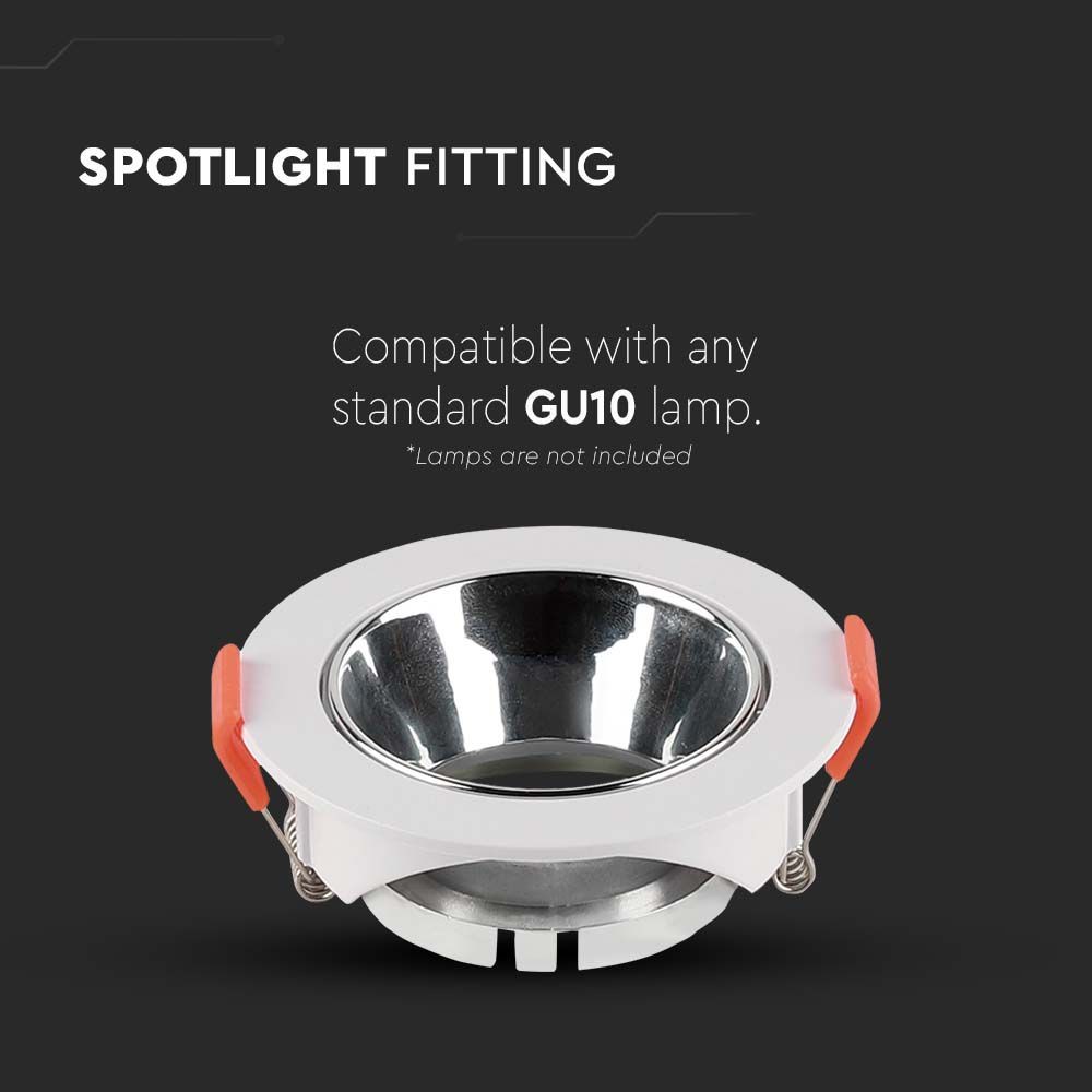 GU10-lampe i hvid rund ramme med krom reflektor - V-Tac Pro serie med 3 års producentgaranti