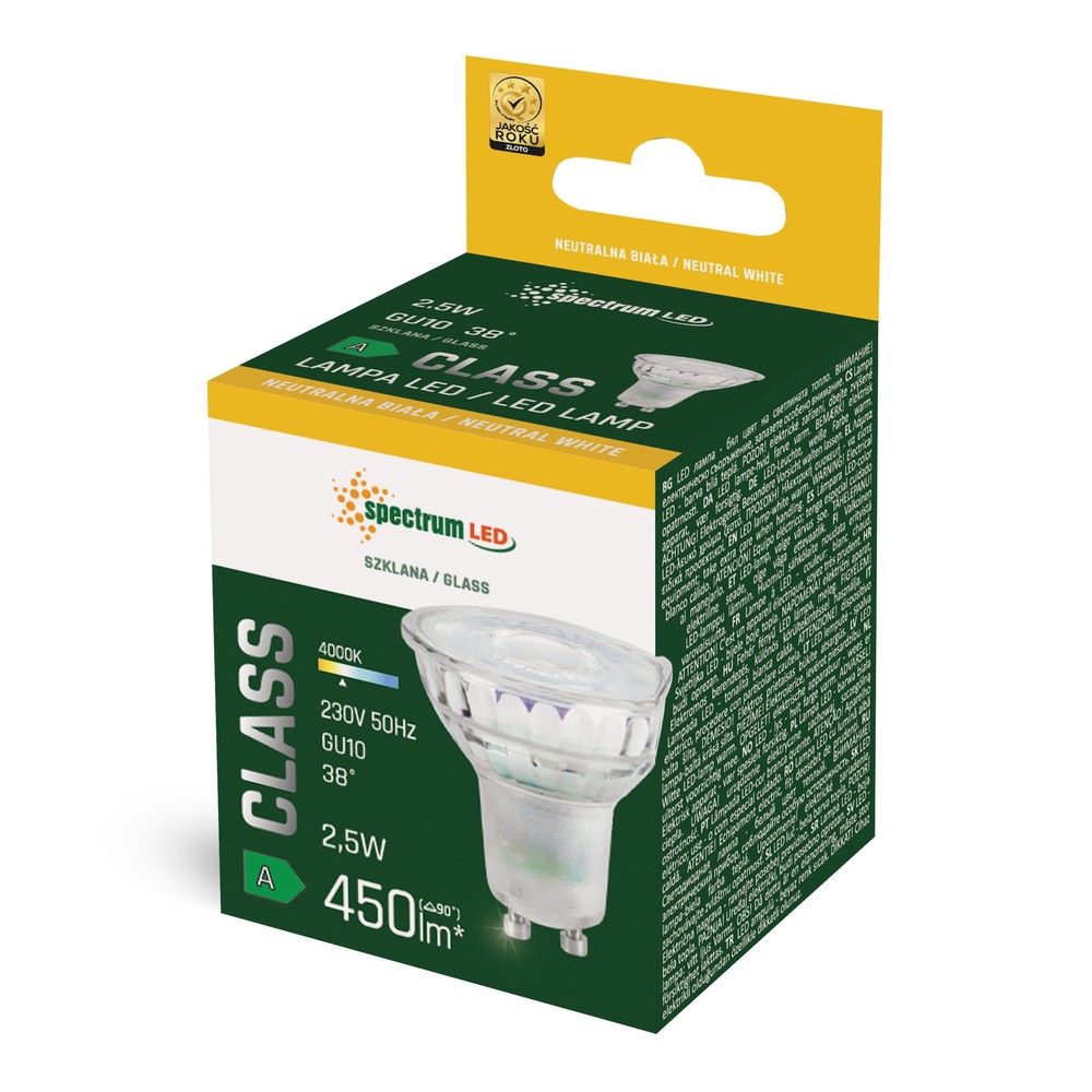 LED GU10 Pære 2,5W 230V Neutral Hvid Linse 38° A-klasse RA80 Spectrum 460lm
