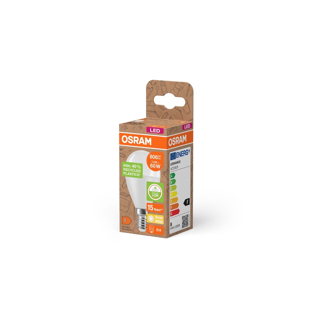 P45 Classic LED E14 kronepære, mat 7.5W (60W), Varm Hvid