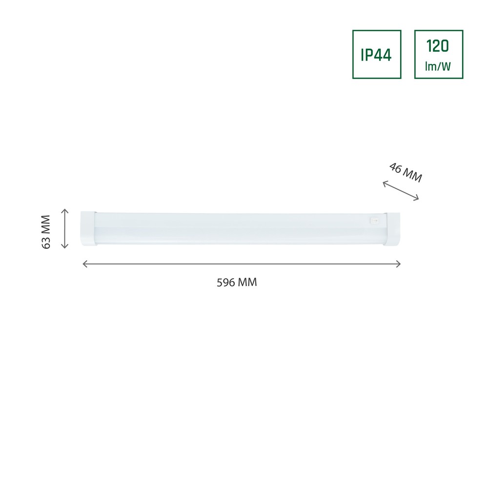 Aquatica 15W LED Væglampe - Varm hvid 230V 150° IP44 596x46x63, Hvid Runde Ender, Afbryder