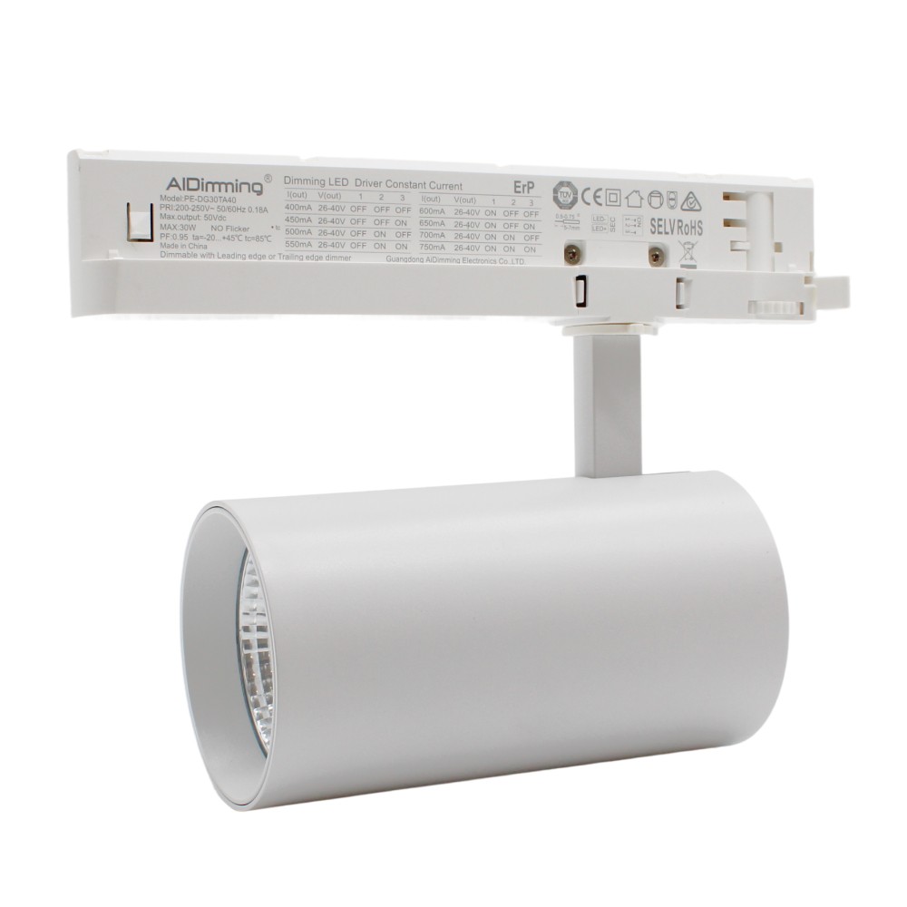 29W Dæmpbar hvid skinnespot fra LEDlife med høj effektivitet på 140 lm/W, RA 90 og 38 graders spredning, passer til 3-fasede systemer