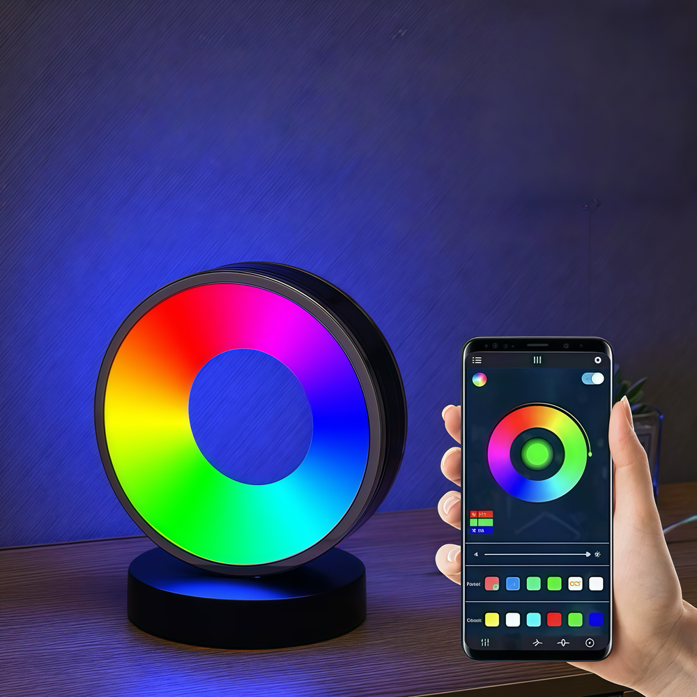 Cirkel RGBIC lampe med Bluetooth og USB-opladning - 18x15cm, 10W, 5V USB tilslutning