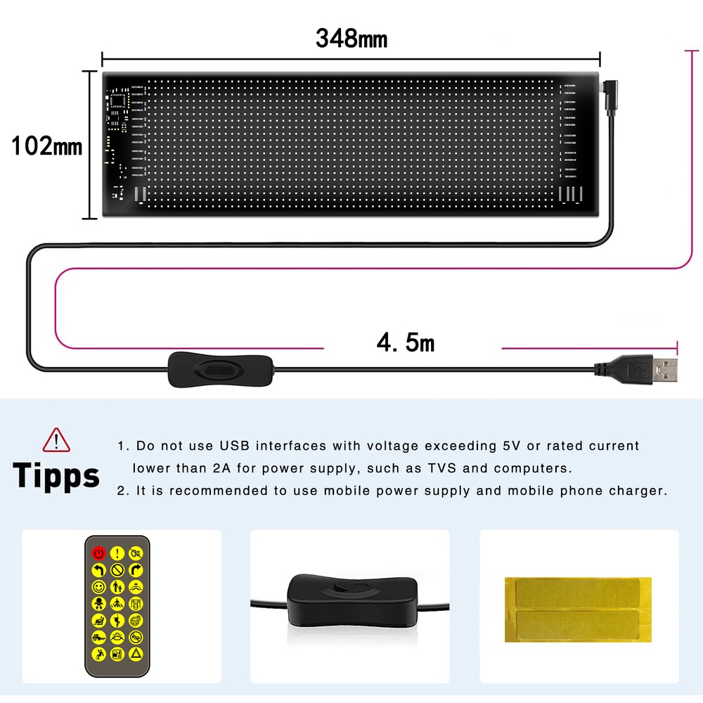 Pixel matrix panel 20x64 med Bluetooth og 5V USB-tilslutning