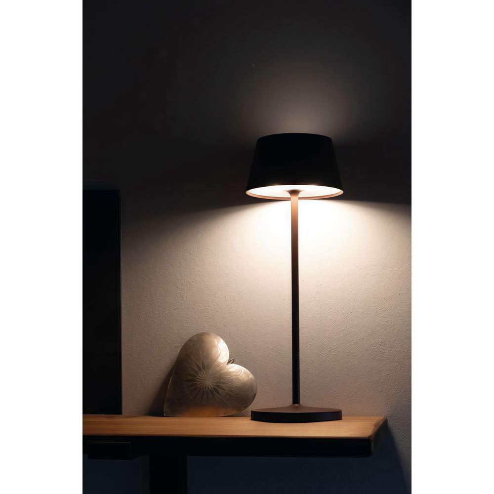 Opladelig LED bordlampe i brun med touch-dæmpning og IP54-beskyttelse