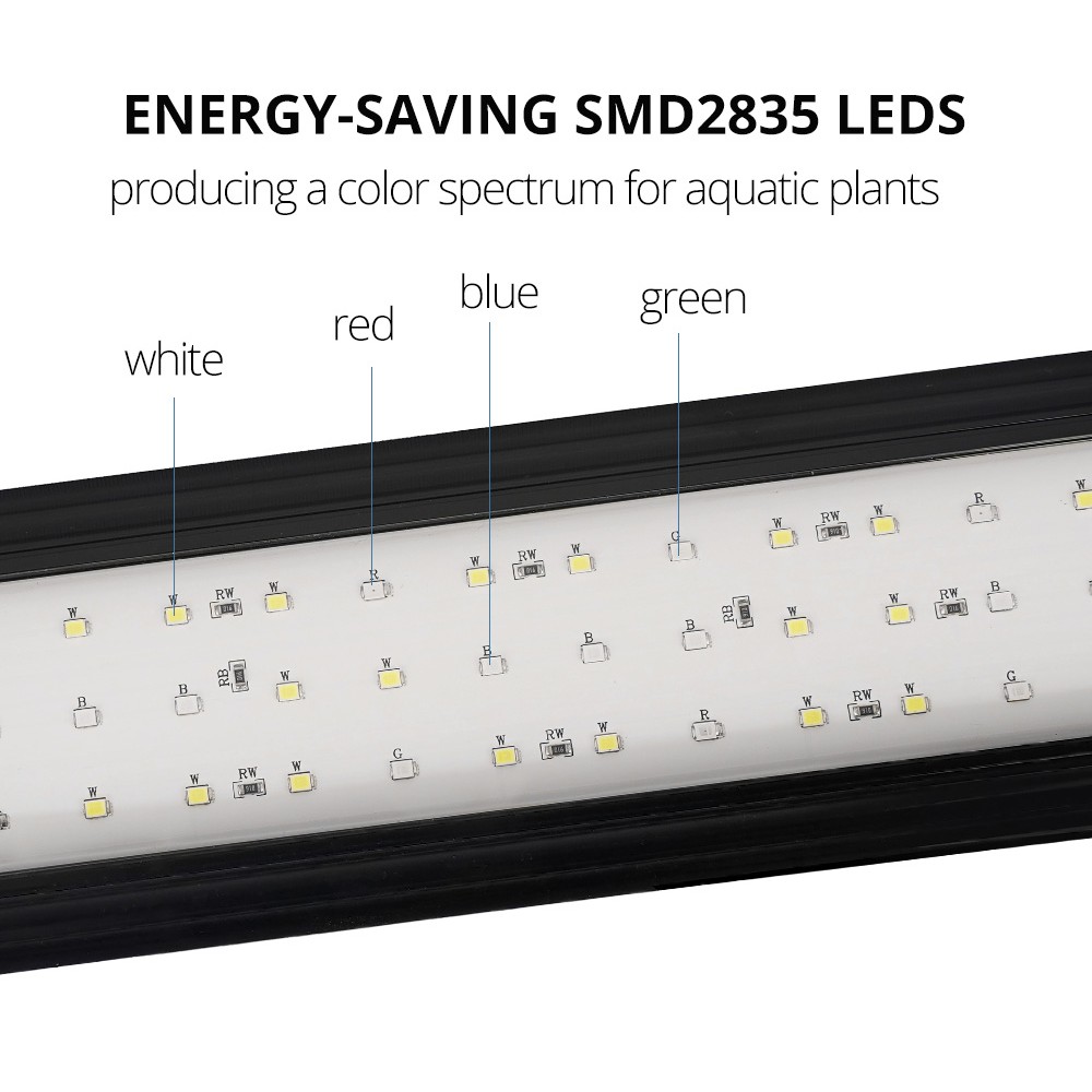Akvariearmatur med 16W LED i hvid/blå/rød/grøn, justerbar længde, IP66 - 60-75 cm