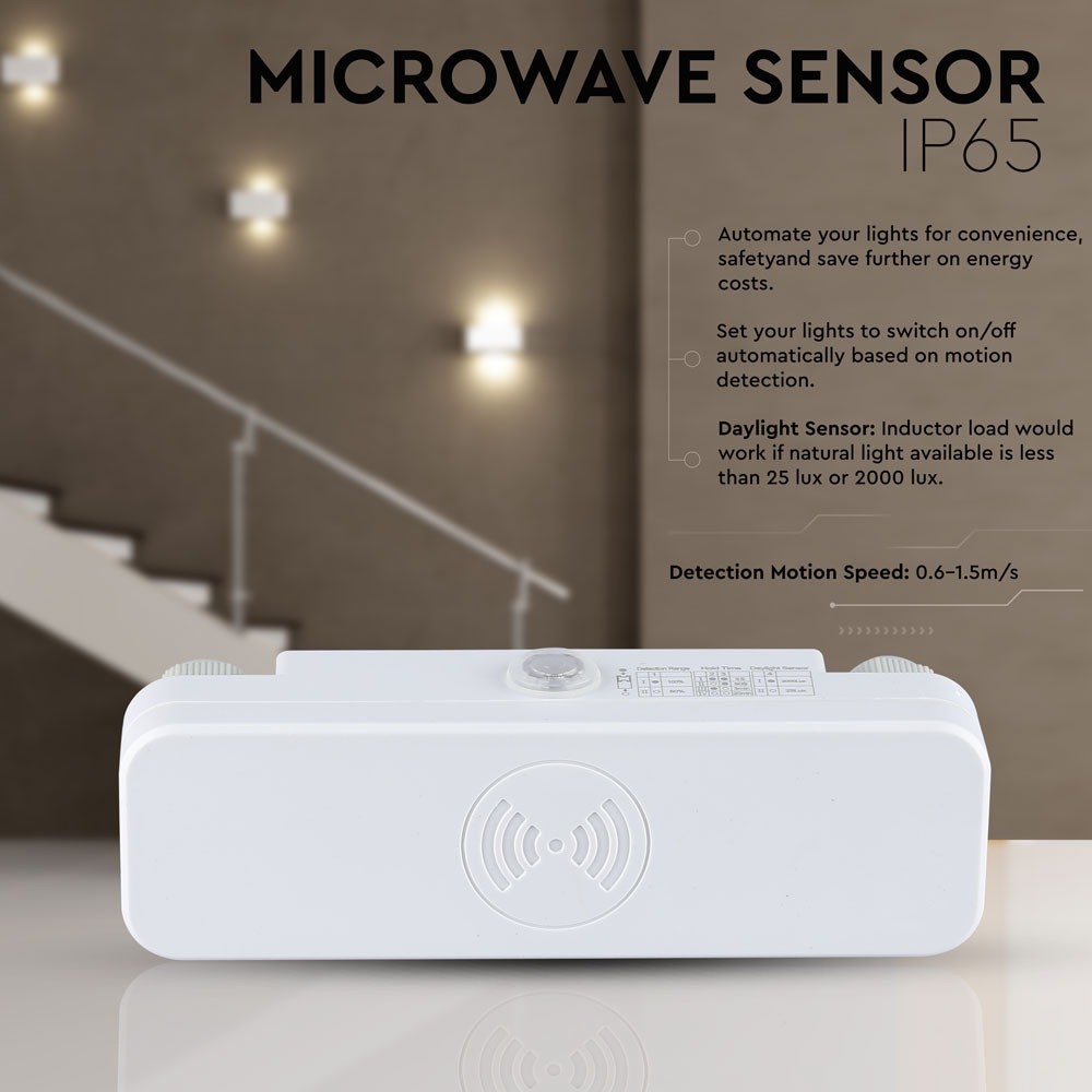 Mikrobølgesensor i hvid med IP65 beskyttelse og maksimalt 200W LED-kapacitet