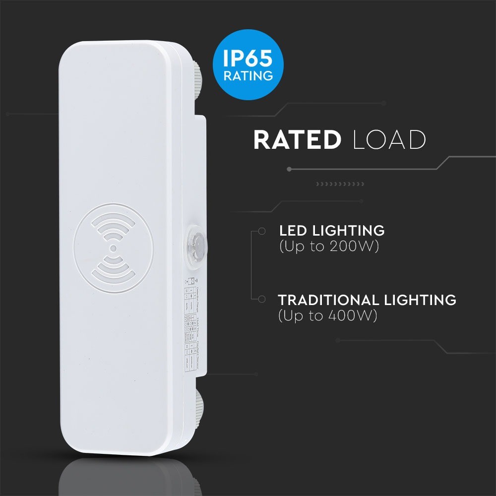 Mikrobølgesensor i hvid med IP65 beskyttelse og maksimalt 200W LED-kapacitet