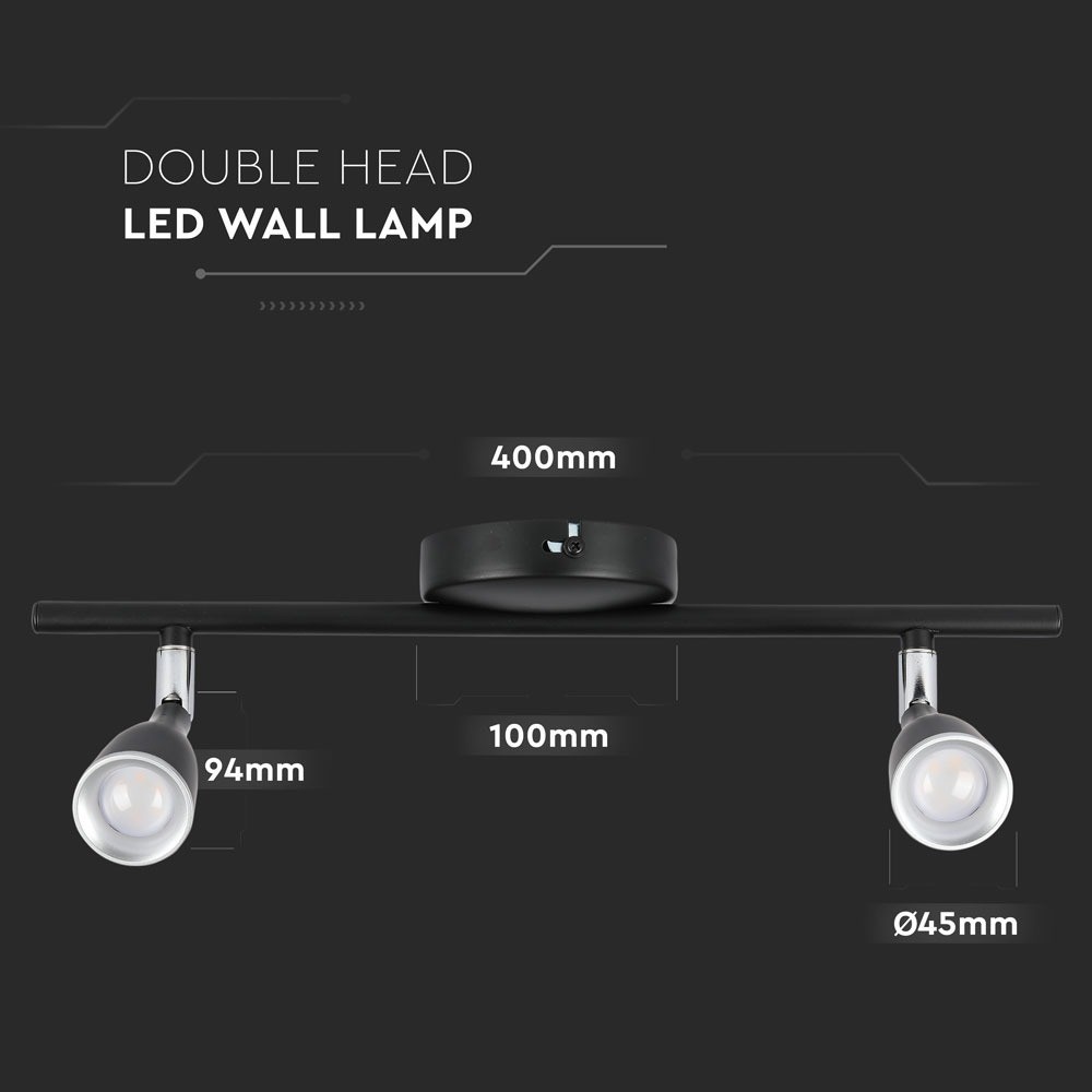 9W LED Væglampe med 2 Hoveder, 3000K, Sort - V-Tac Pro Serie (3 års garanti)