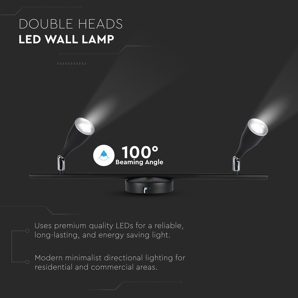 9W LED Væglampe med 2 Hoveder, 3000K, Sort - V-Tac Pro Serie (3 års garanti)