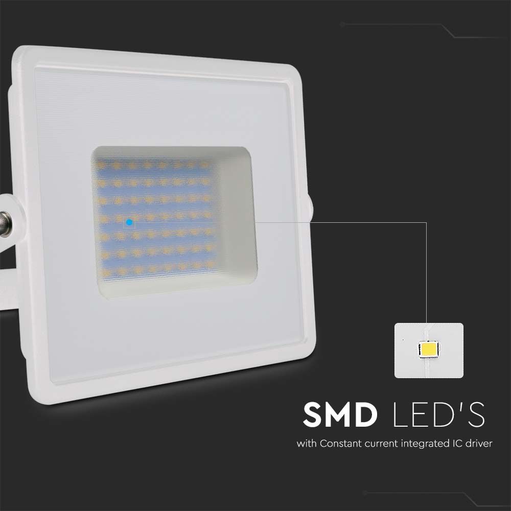 50W LED Projektør med Hvidt Hus, 6500K Lysfarve, 4300lm, RA70, IP65 Beskyttelse