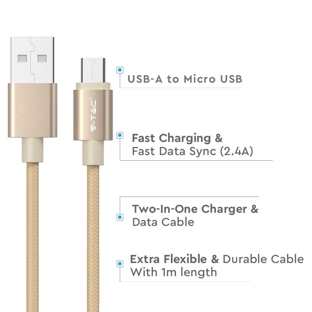 1M Micro USB Fletnylonkabel - Guld (Platinum Serie)