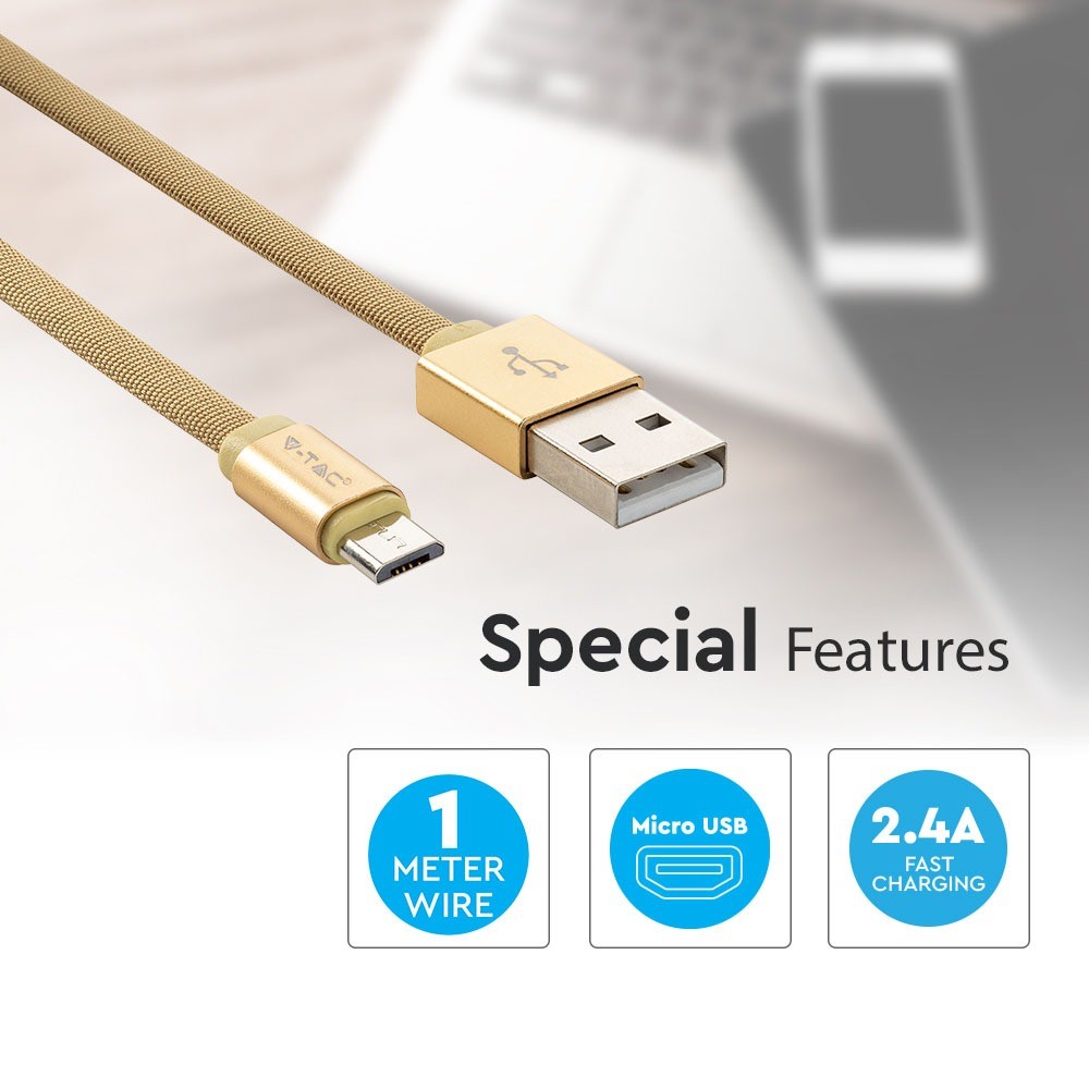 1m Micro USB Fletkabel - Guld, Bomuldsstof, Ruby Serie