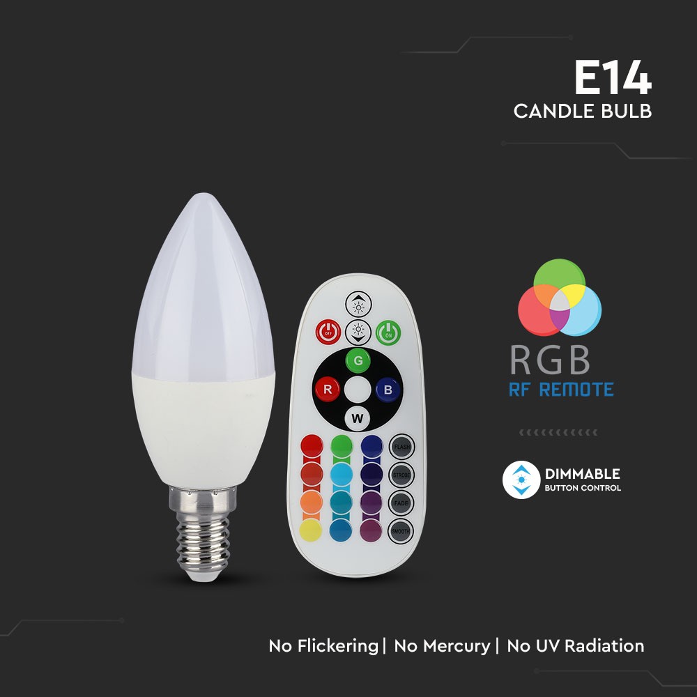 3,5W RGB+6400K Kertepære E14 - Dæmpbar med RF Kontrol - 320lm - RA80