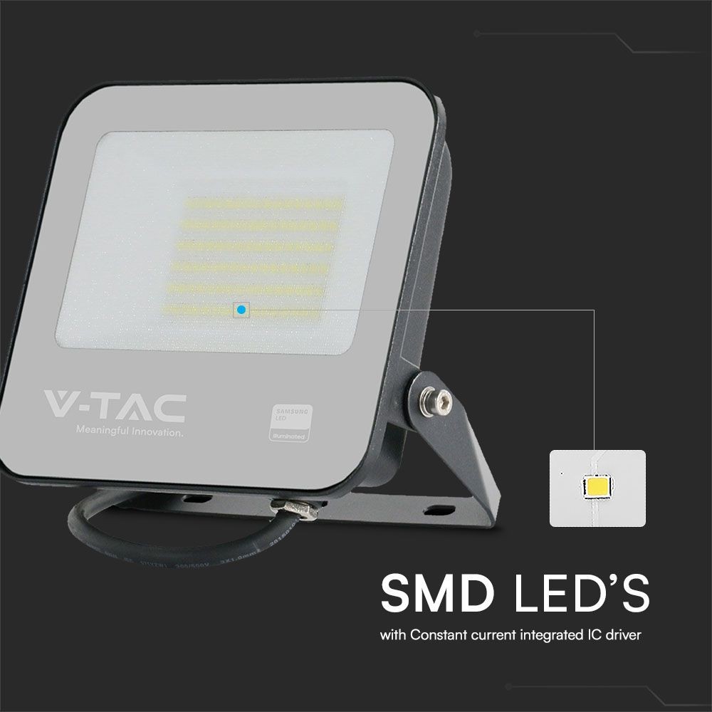 50W LED projektør med Samsung chip, 4000K, sort hus, grå matteret glas, IP65 - 5 års garanti