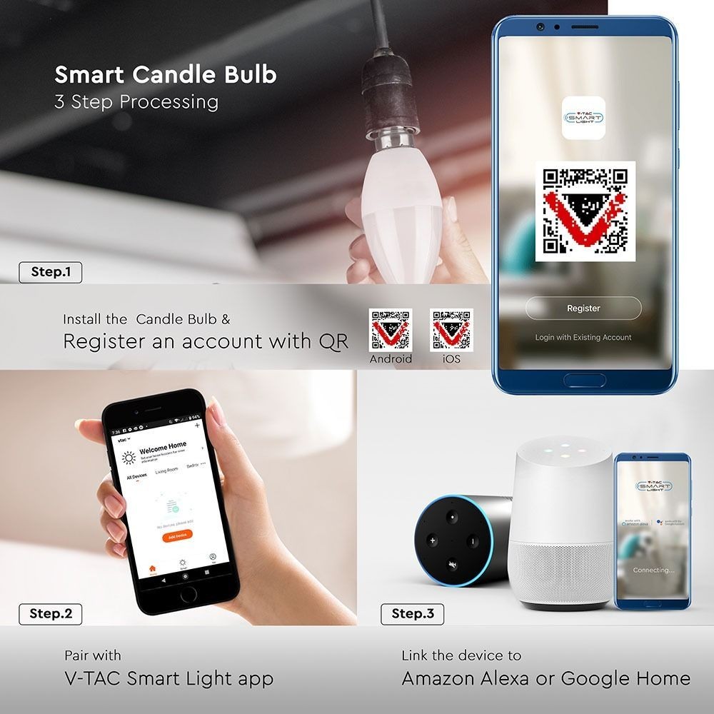 V-Tac 5W Smart Home LED pære - Tuya/Smart Life, kompatibel med Google Home, Alexa og smartphones, E14