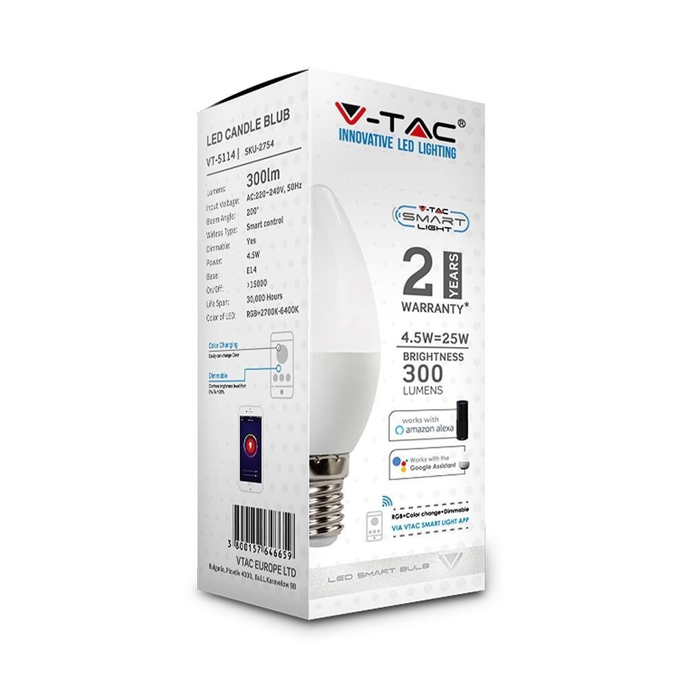 V-Tac 5W Smart Home LED pære - Tuya/Smart Life, kompatibel med Google Home, Alexa og smartphones, E14