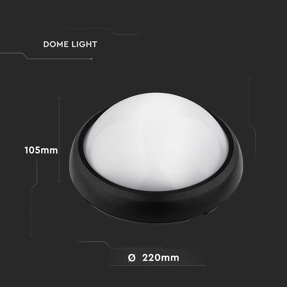 12W Sort IP54 Dome Lys - 3000K, Fuld Rundet, Husmonteret, 840lm, RA70