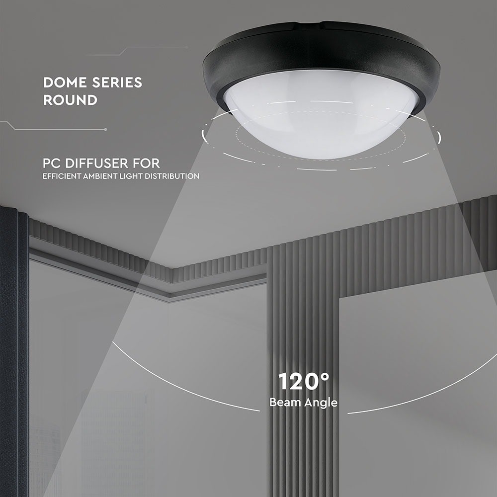 12W Sort IP54 Dome Lys - 3000K, Fuld Rundet, Husmonteret, 840lm, RA70