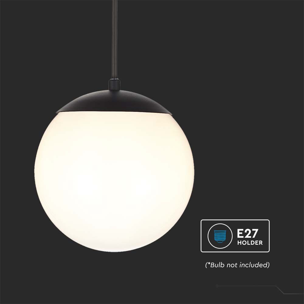 Loftshængt lampe (1*E27) - mat sort, opal plastik kugle - V-Tac Pro serie (3 års garanti)