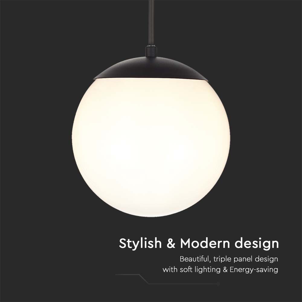 Loftshængt lampe (1*E27) - mat sort, opal plastik kugle - V-Tac Pro serie (3 års garanti)