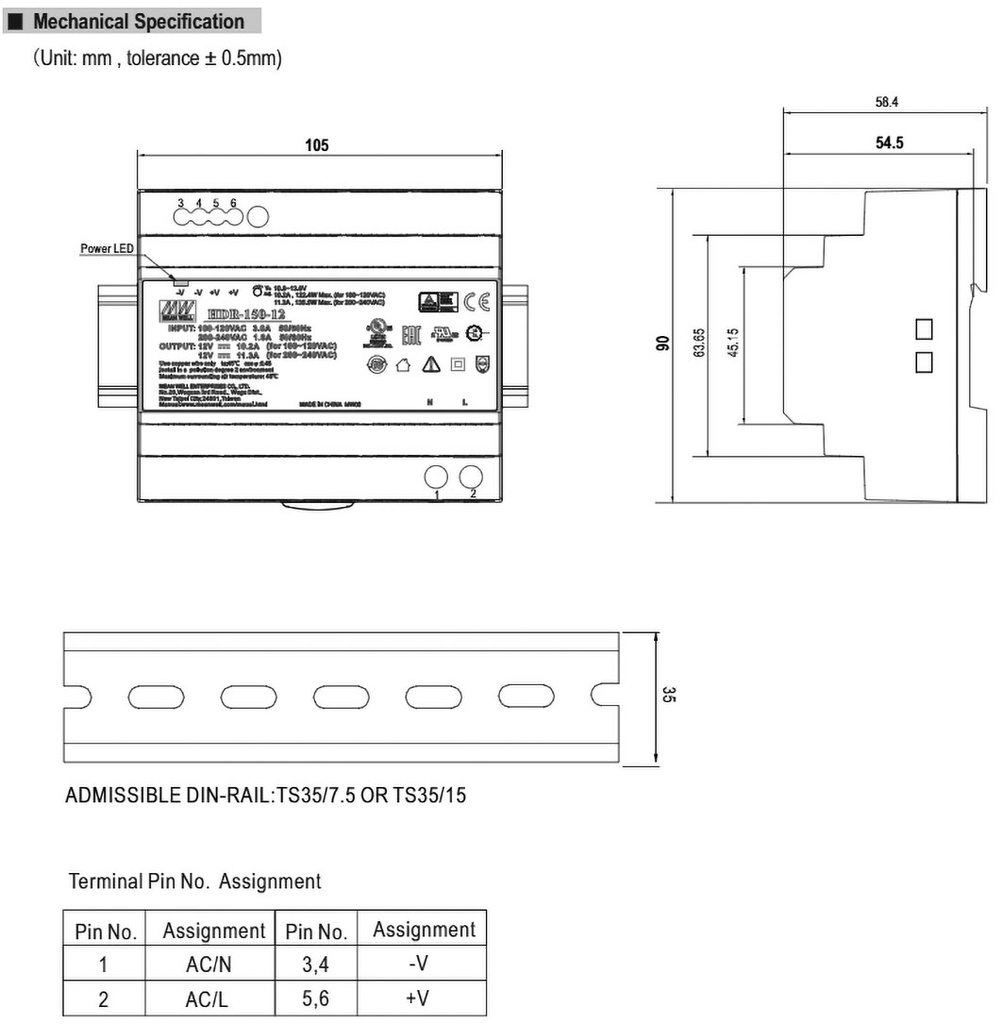 DIN-skinne strømforsyning, 12VDC 135,6W 11,3A (6SU)
