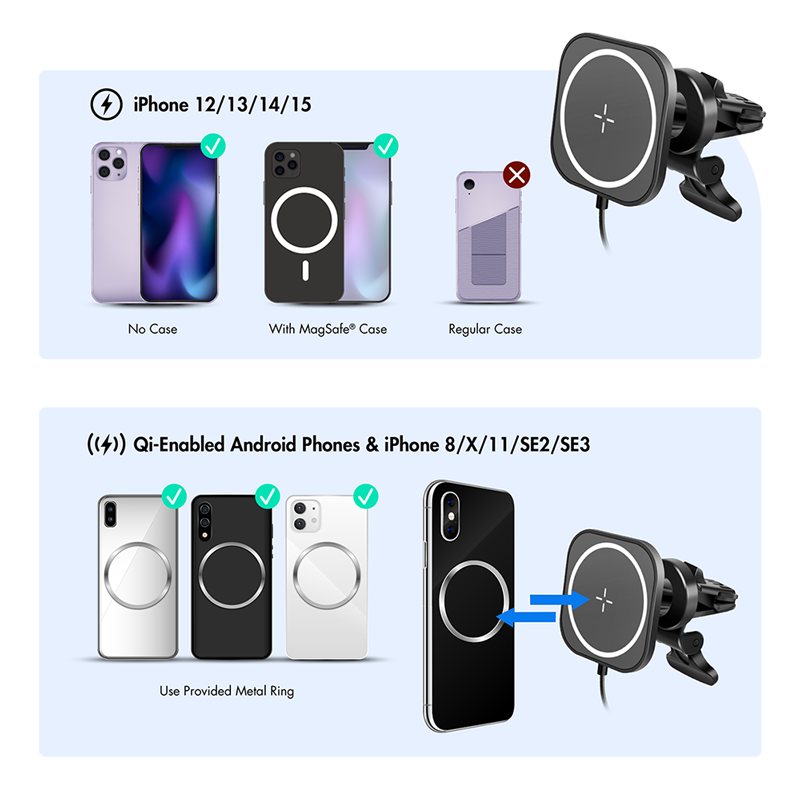 Magnetisk mobilholder m. QI-opladning + bil-vent. clip