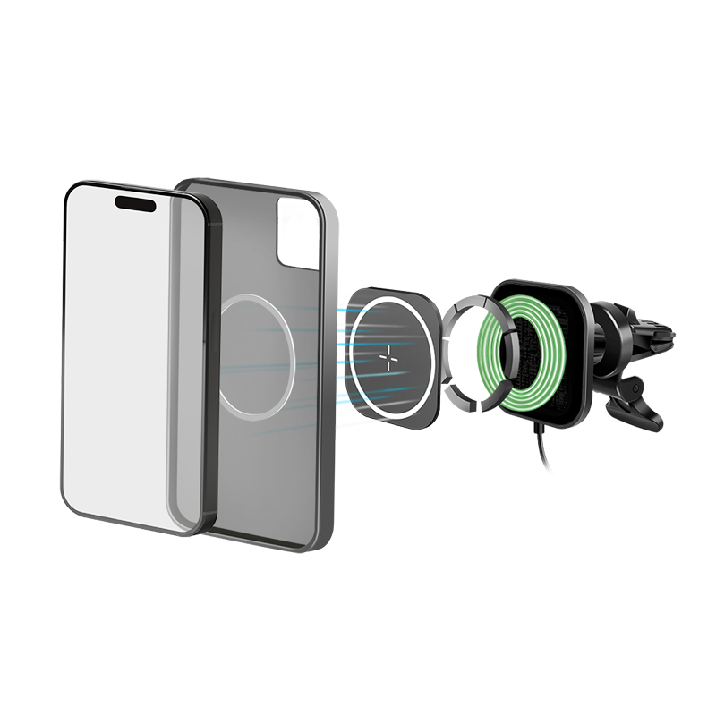 Magnetisk mobilholder m. QI-opladning + bil-vent. clip