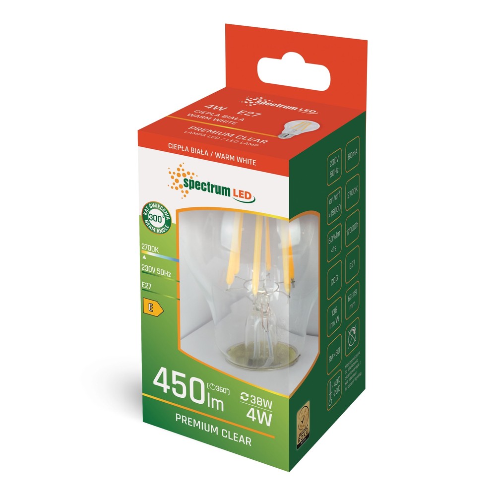 LED Pære A60 E27 230V 4W Varm Hvid KLART Spectrum, 450lm, RA80