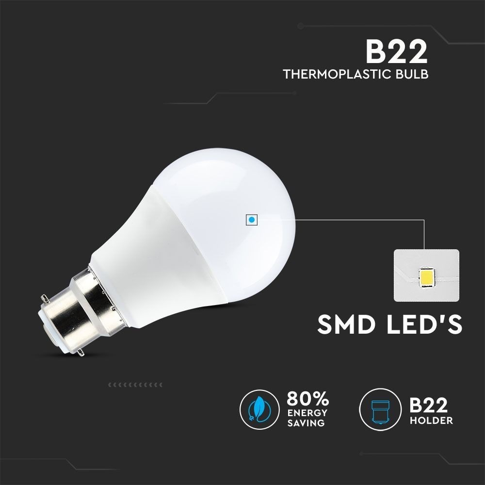 V-Tac 9W LED pære - B22, Erstatter 60W, 806lm, RA80