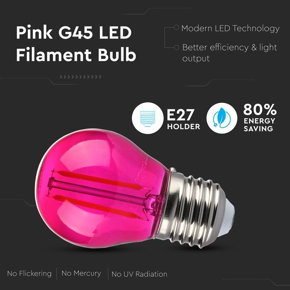 V-Tac 2W Pink LED Kronepære med E27 Fatning - Erstatter 10W, 230V, 60lm, RA80