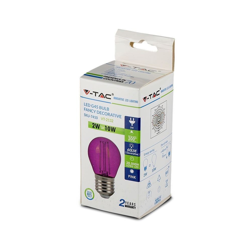 V-Tac 2W Pink LED Kronepære med E27 Fatning - Erstatter 10W, 230V, 60lm, RA80