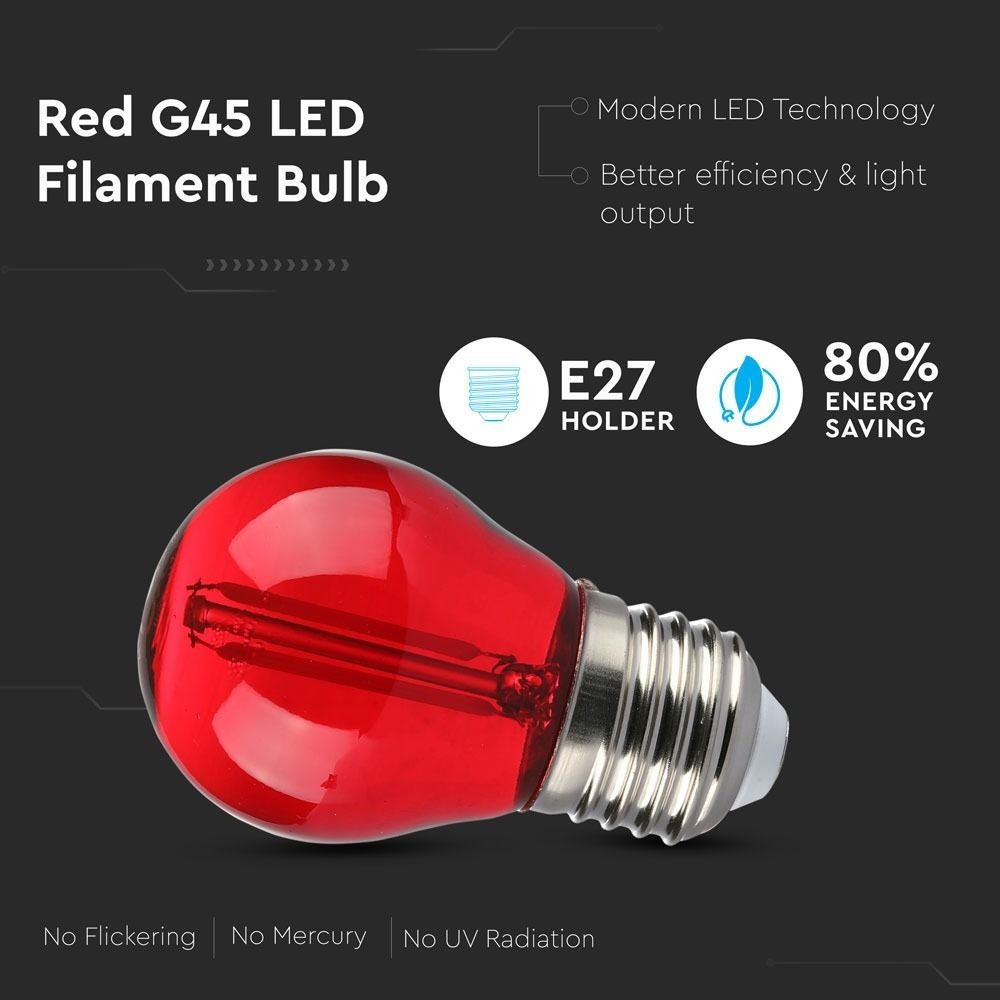 V-Tac 2W Rød LED Kronepære E27 Sokkel - Erstatter 10W, 230V, 60lm, RA80
