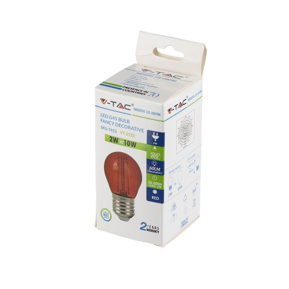 V-Tac 2W Rød LED Kronepære E27 Sokkel - Erstatter 10W, 230V, 60lm, RA80