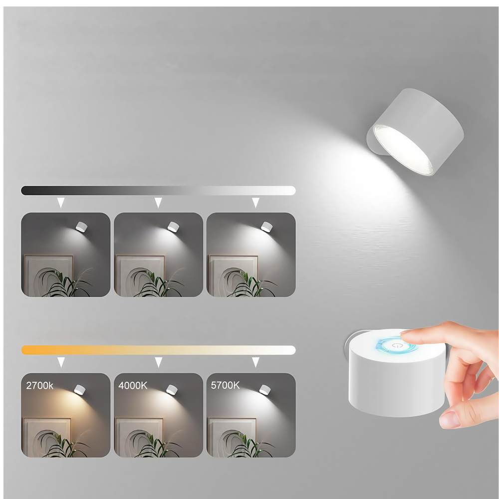 Genopladelig væglampe CCT - 4,5W, Hvid, rund, 360° roterbar, inde/ude, IP54, inkl. lyskilde