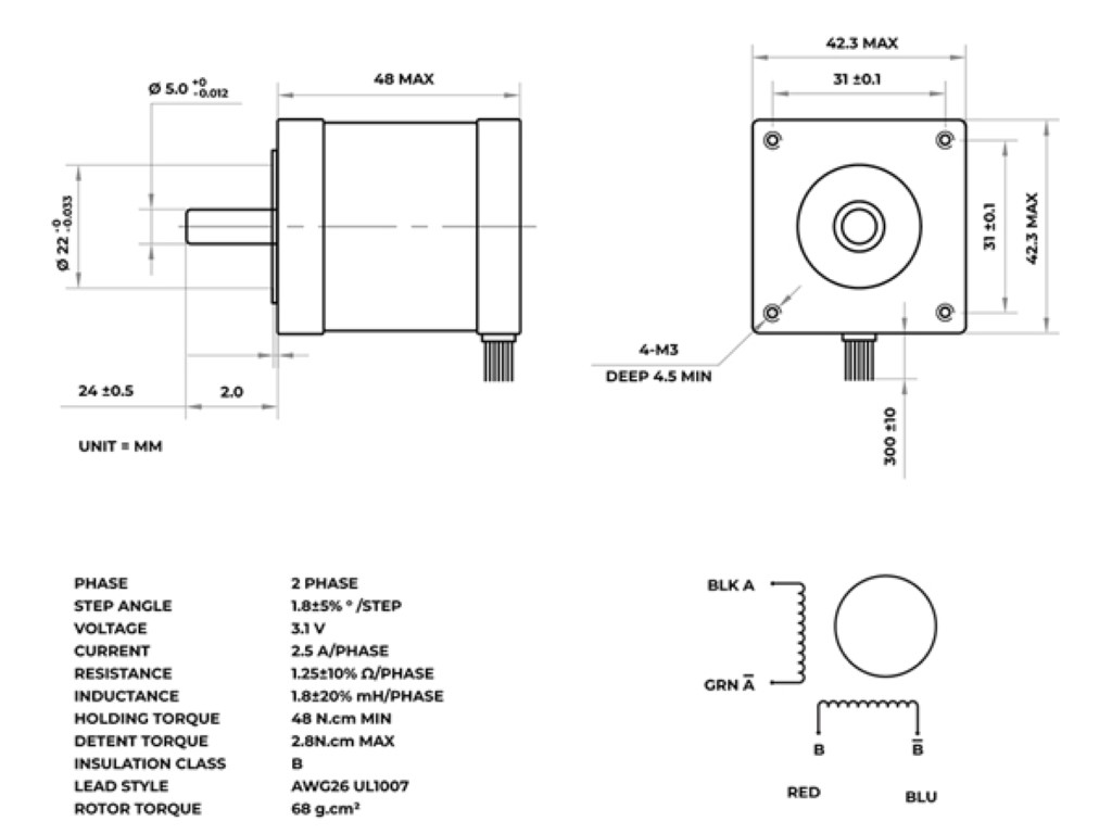 Stepper motor NEMA17 - 3,1Vdc 2,5A 1,8°/200 step (4-pol)