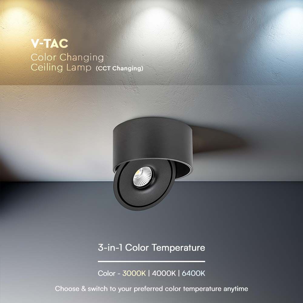 30W LED nedadrettet lys - Flad, COB, monteret, 3i1, sort hus, 28W effekt, 2500lm, RA90.