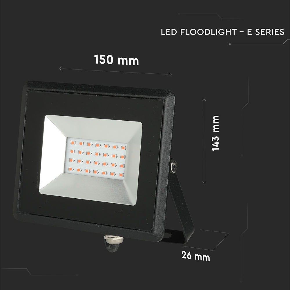 20W LED-projektør i sort hus med rødt lys - Effekt: 20W, RA70, IP65 - Vejr- og støvtæt design til udendørs brug