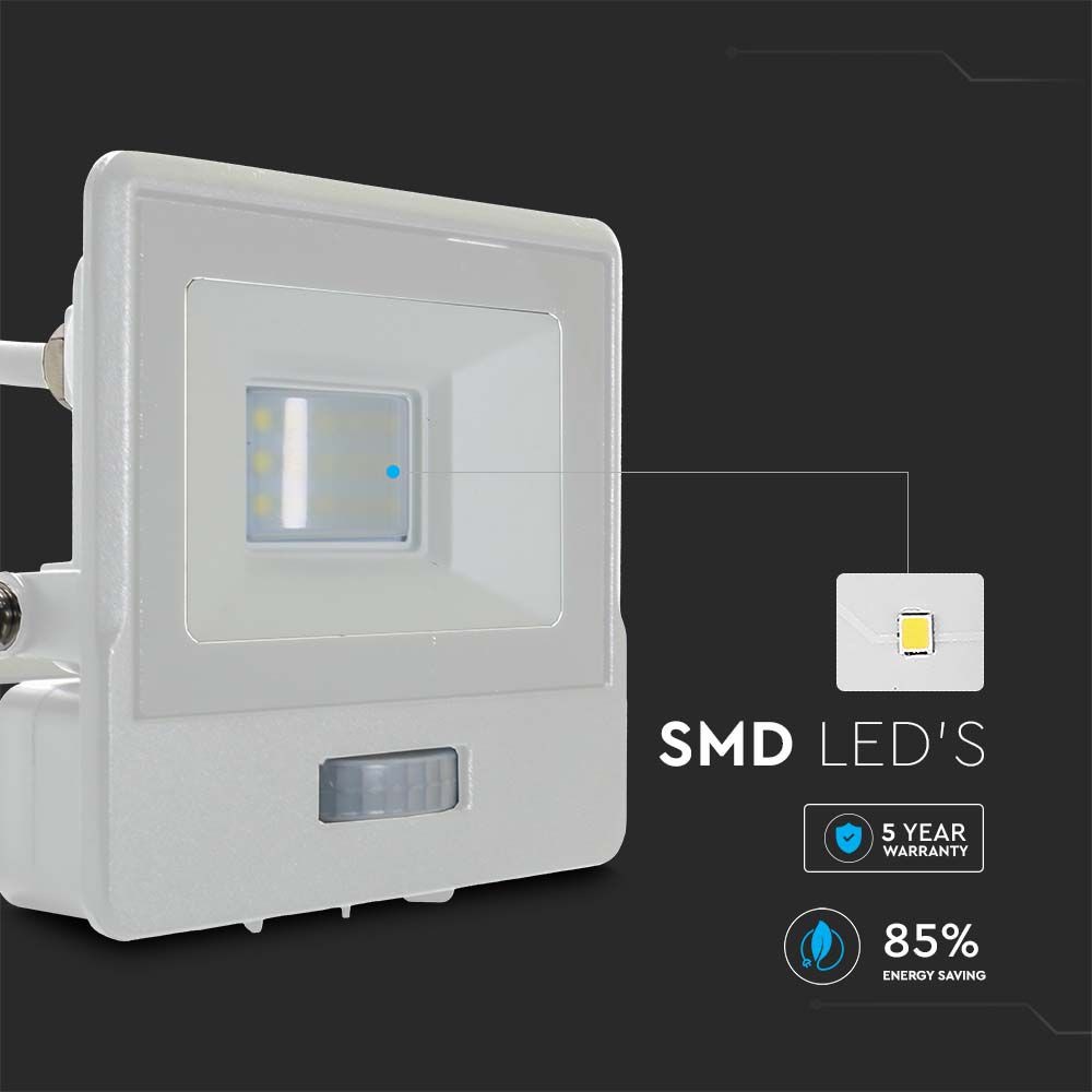 10W Projektør med PIR Sensor og Samsung Chip i Hvid Hus, 4000K, 1m Kabel