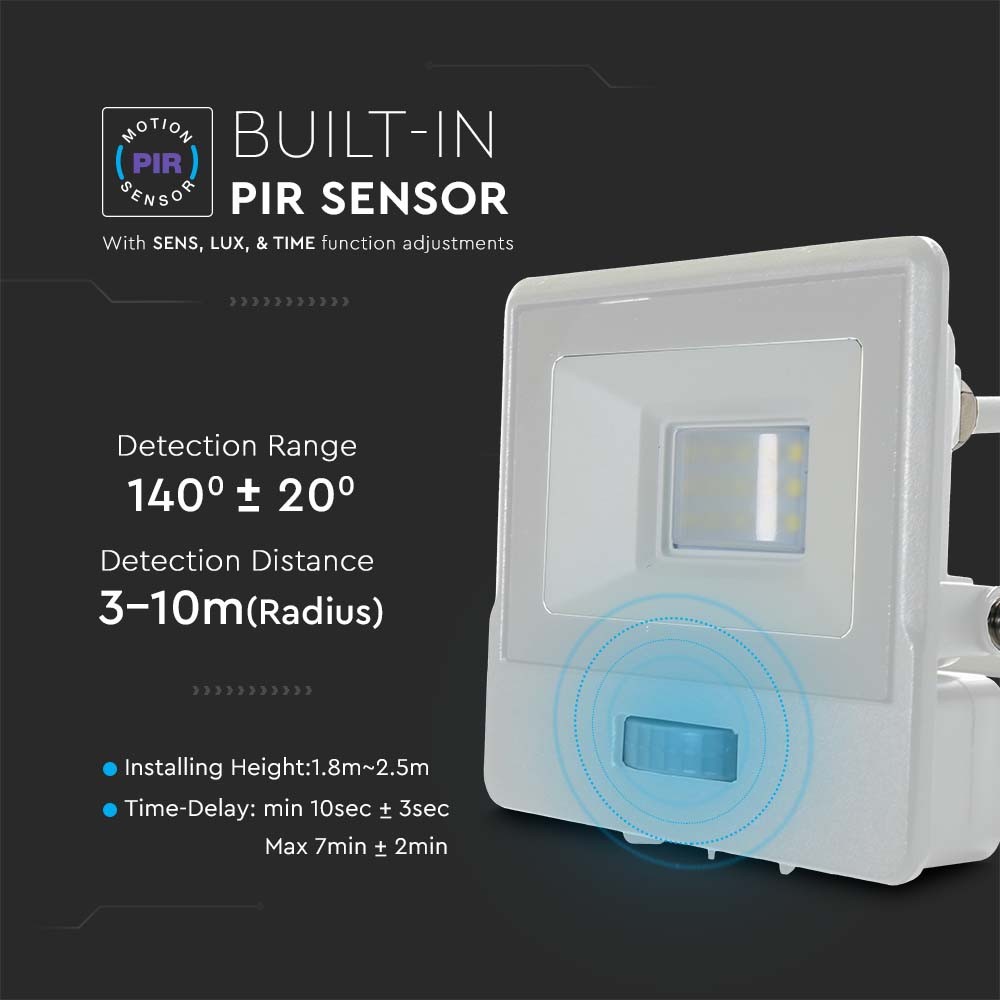 10W Projektør med PIR Sensor og Samsung Chip i Hvid Hus, 4000K, 1m Kabel