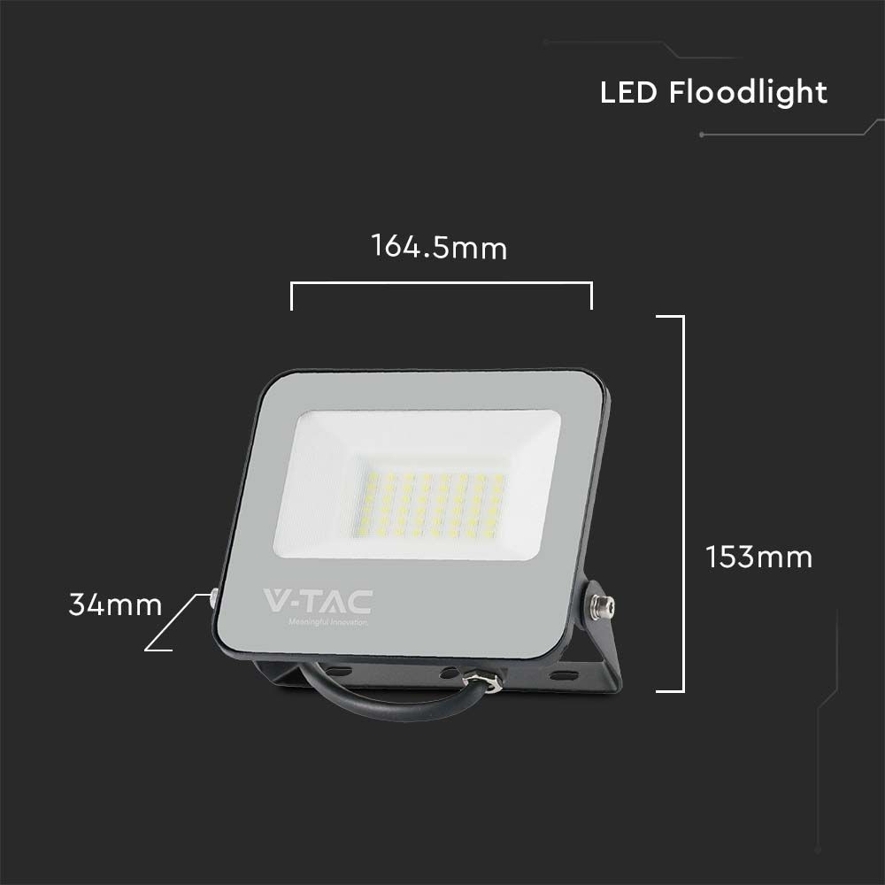 30W LED projektør med sort hus og gråt glas, 4000K, 4800lm, RA70 - V-Tac Pro serie med 5 års garanti