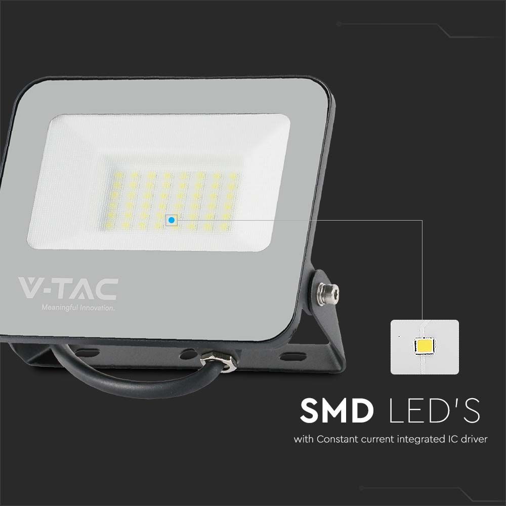 30W LED projektør med sort hus og gråt glas, 4000K, 4800lm, RA70 - V-Tac Pro serie med 5 års garanti