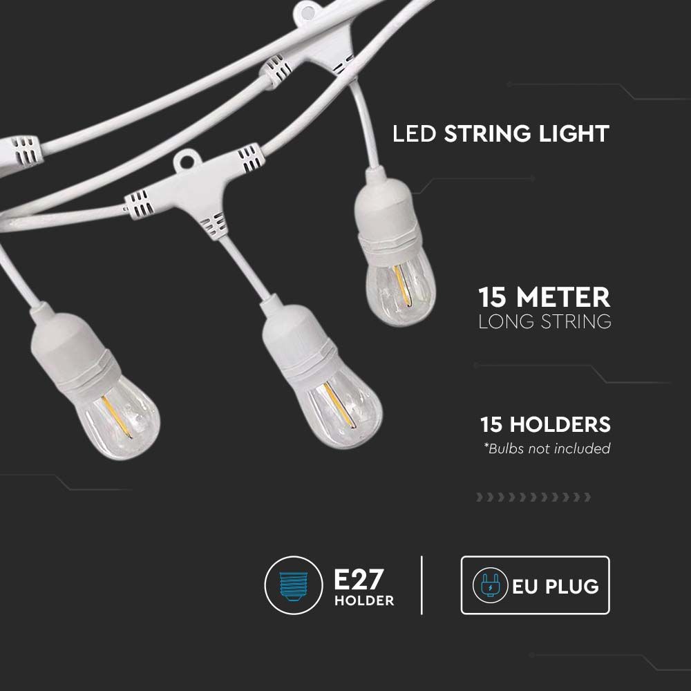 LED Lyskæde med Euro stik og hvid WP fatning til udendørs brug - perfekt til at skabe hyggelig belysning rundt om huset