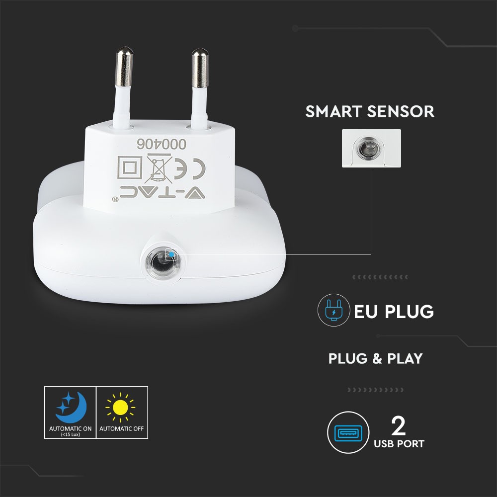 0,45W Natlys LED (EU stik) med USB Samsung chip 3000K - firkantet - Energibesparende natbelysning med USB og Samsung chip i varmt hvidt lys - firkantet design