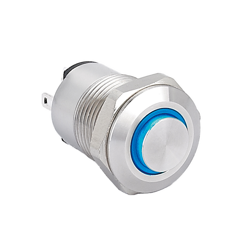 Vandalsikret stålkontakt, 1P OFF-ON Ø12mm, Blå 12V LED