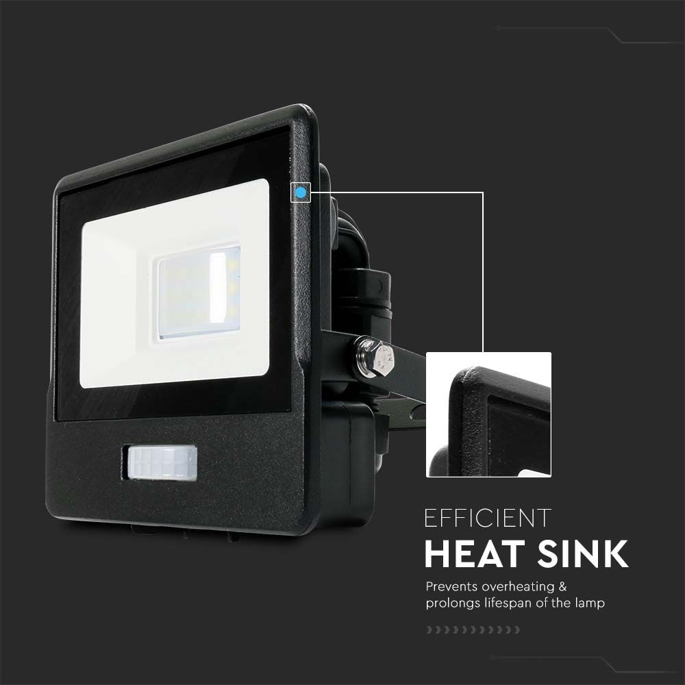 10W LED Projektør med PIR Sensor, Samsung Chip, 4000K, Sort Hus - Energibesparende belysning til udendørs brug
