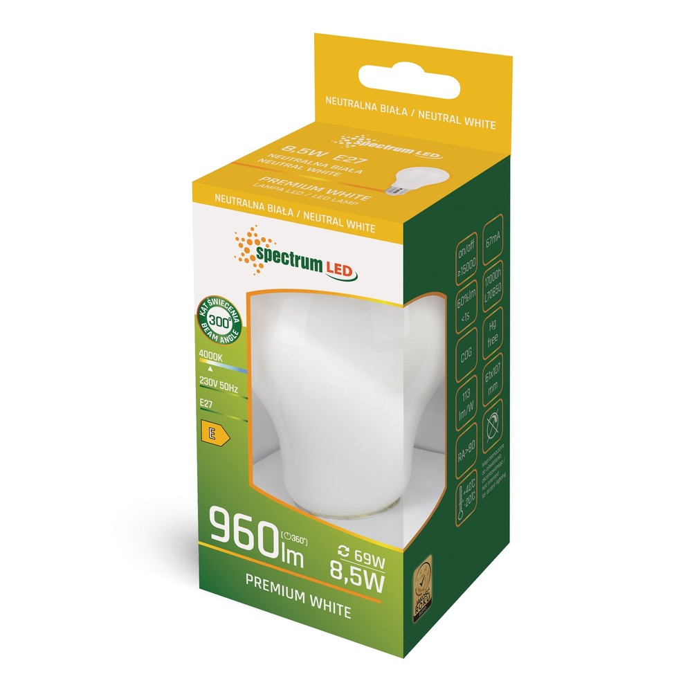 LED A60 E27 230V 8,5W kultråd matteret Spectrum - Energibesparende pære med stor E27 fatning og flot matteret finish. Leverer 950lm lysstyrke med en farvegengivelse på RA80.