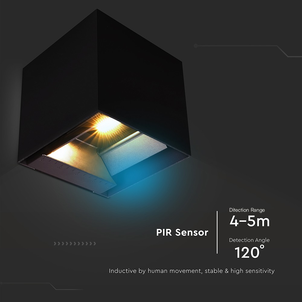 9W Solar Væglampe med LED, PIR sensor og 3i1 funktion, sort hus, vejr- og vandtæt IP65