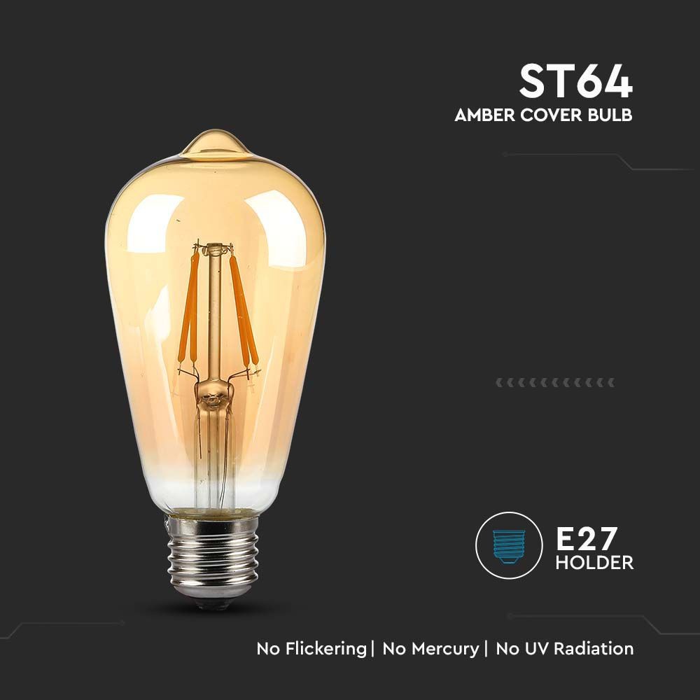 8W LED-pære E27 ST64 med amberbelægning og kultråd i 2200K varm hvidt lys med 720lm og RA80