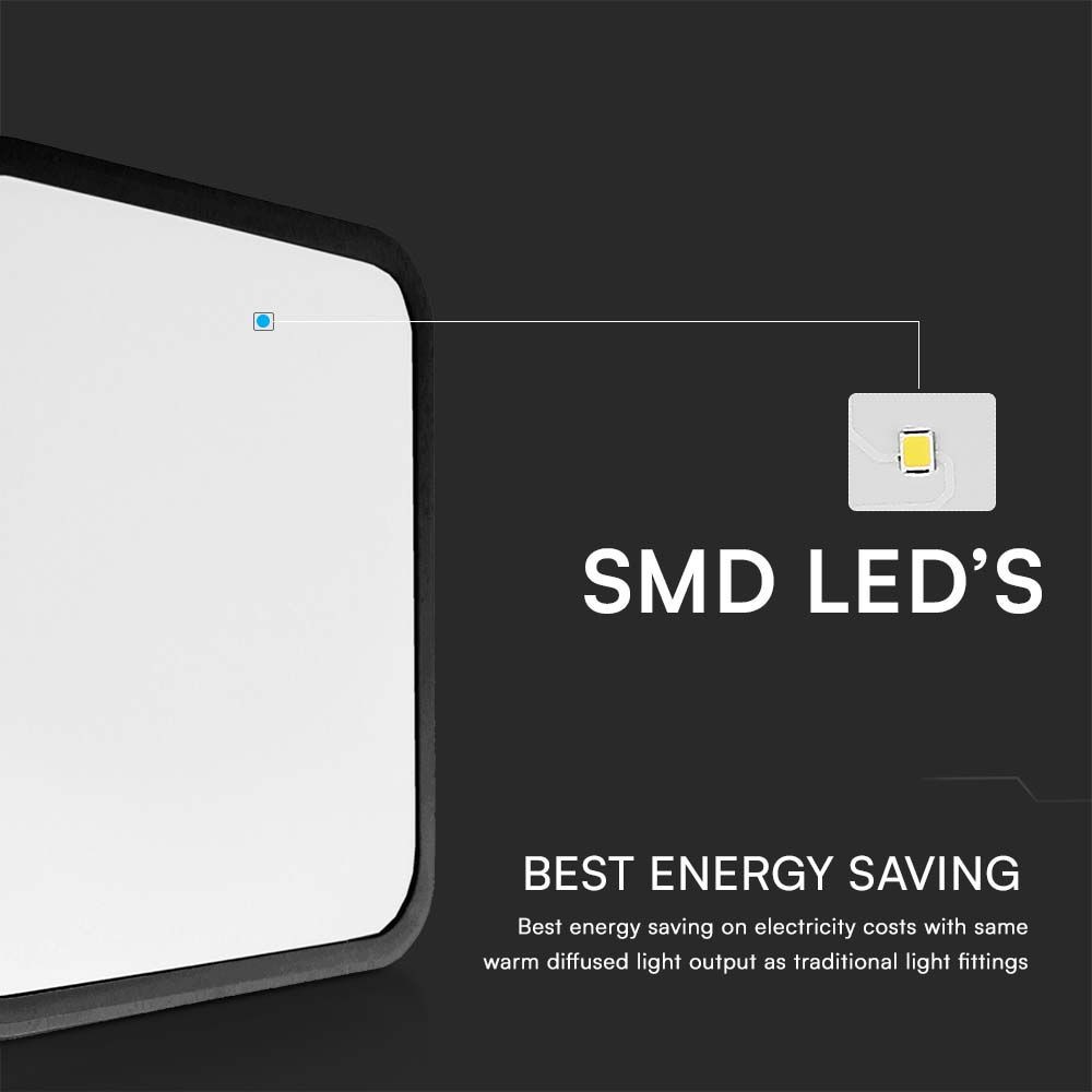 48W LED Kuppellampe - 3000K, kvadratisk, sort ramme, IP44, RA80 - 5160lm